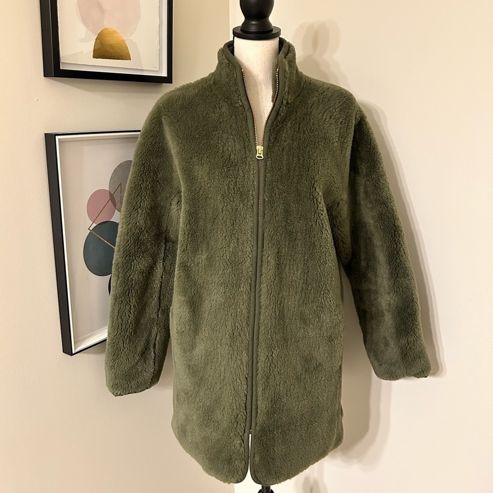 J Crew Hunter Green Teddy Bear Plush Sherpa Zip Up Fur Jacket SZ S